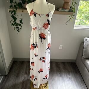 Volcom Floral Halter Maxi Dress XS White Orange Backless Boho, Resort, Beach